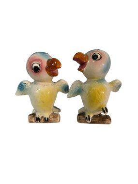 Vintage Japan Ceramic Bird Figurines Pair Pastel Blue Yellow Kitsch Mid Century
